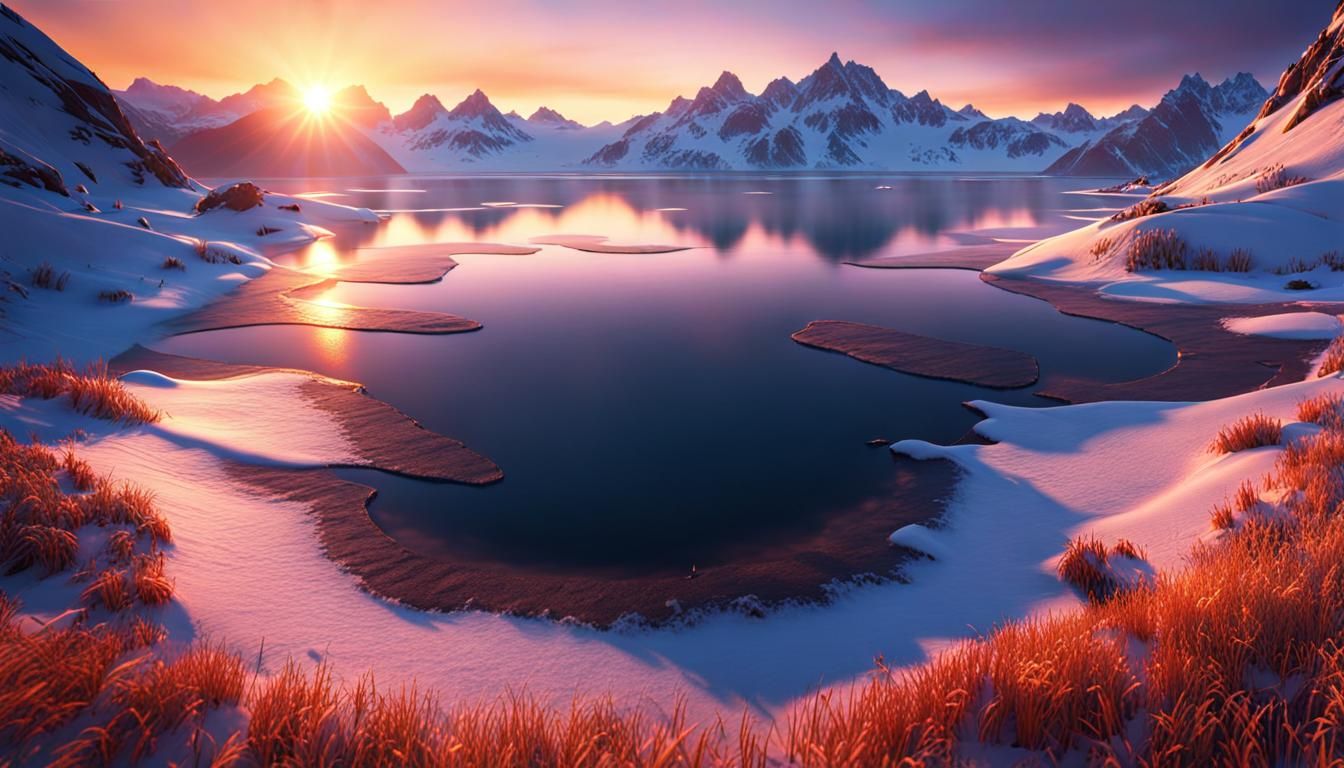 Golden Sunrise Over Frozen Lake, Fantasy Art