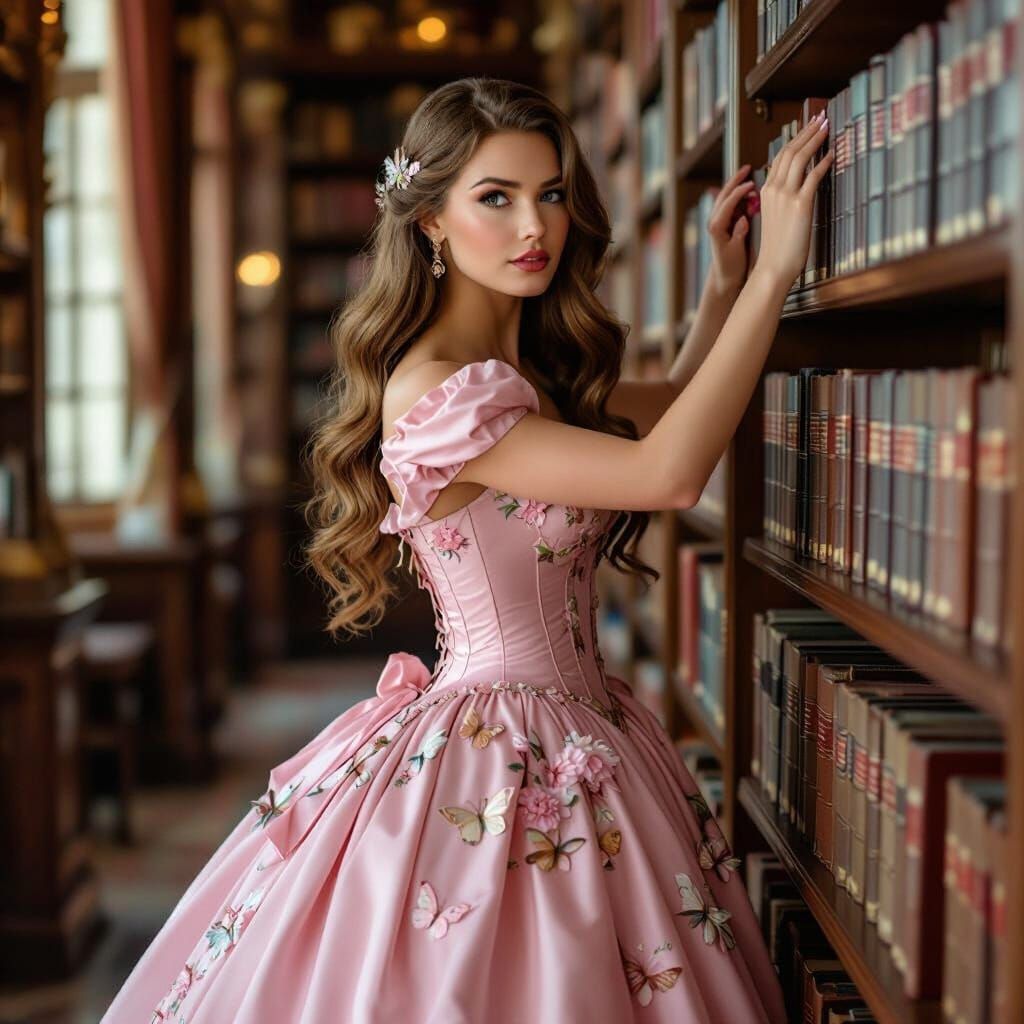 Elegant Woman in Pink Gown Reaches for Book in Grand Library