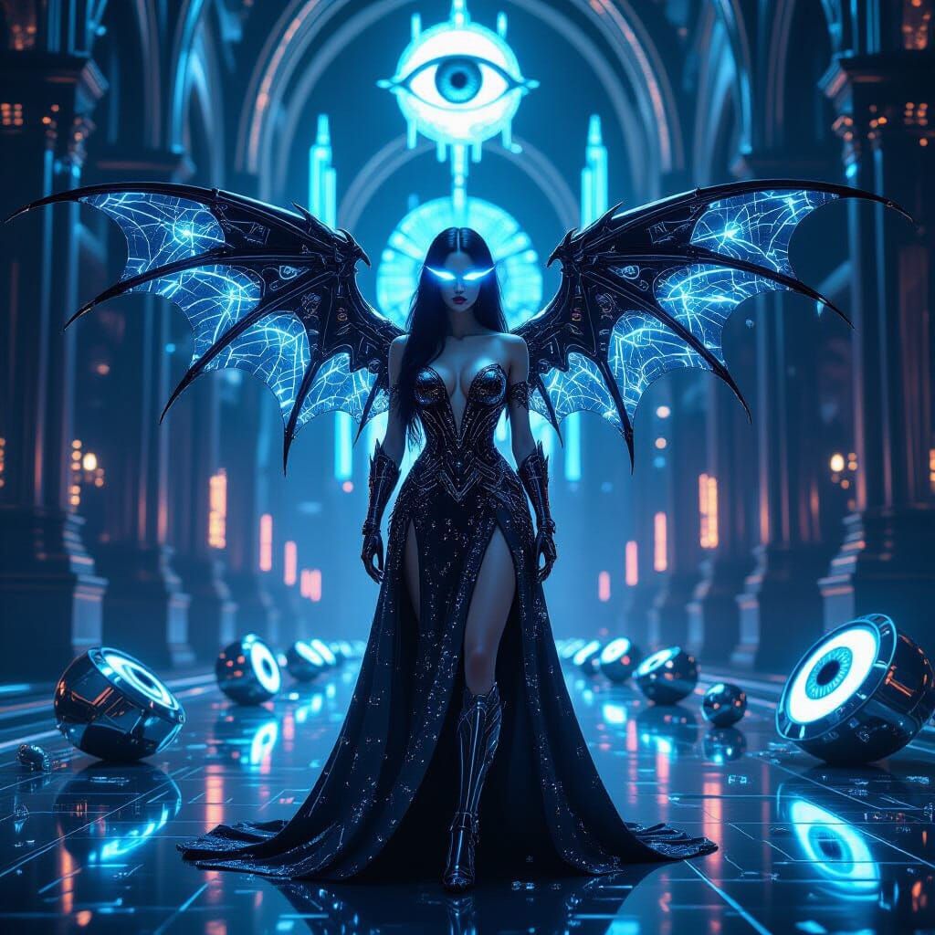 Cyborg Goddess in Futuristic Cathedral with Neon Lights
