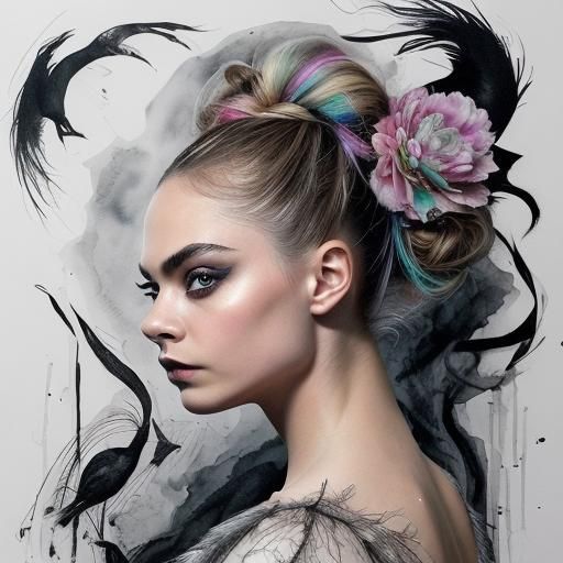 Ballerina in Black Lace Gown with Black Swans