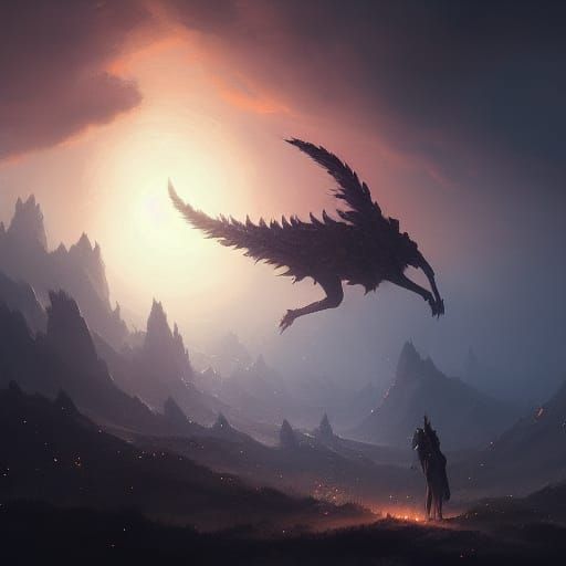 Kirin Floats in Night Sky: Dark Fantasy Art