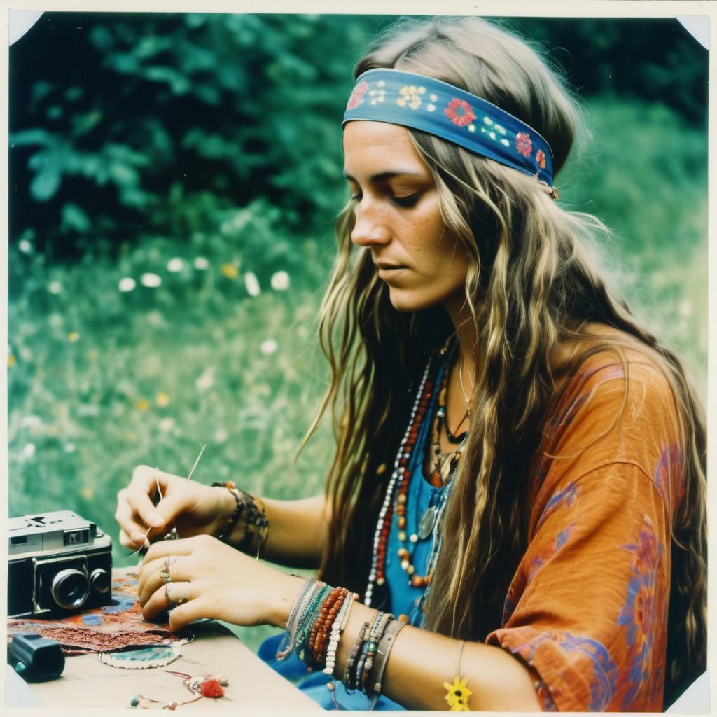 Hippie Woman Sewing: Vintage Aged Photograph