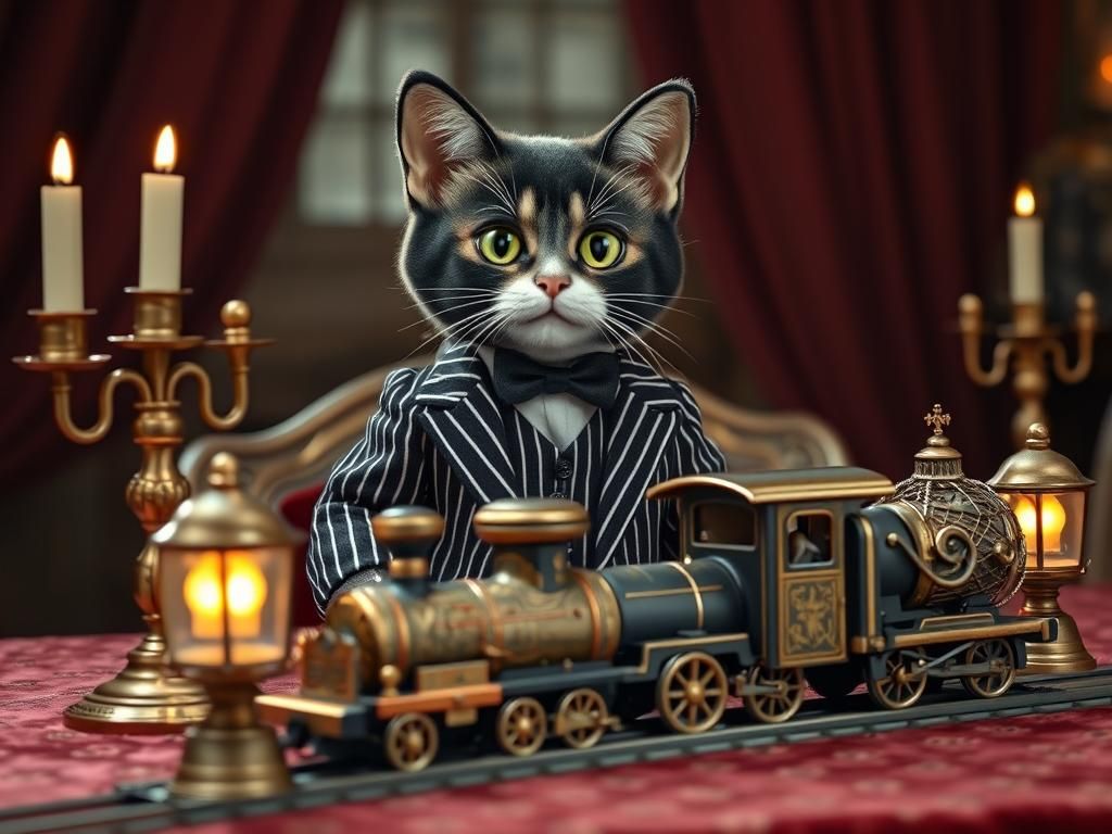 Plush Cat as Gomez Addams Playing With Toy Train
