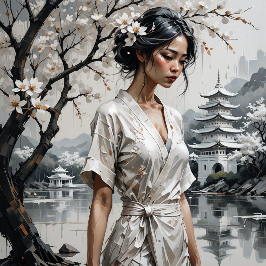 Dreamy Japanese Blossom Tree in Whimsical Temple Setting