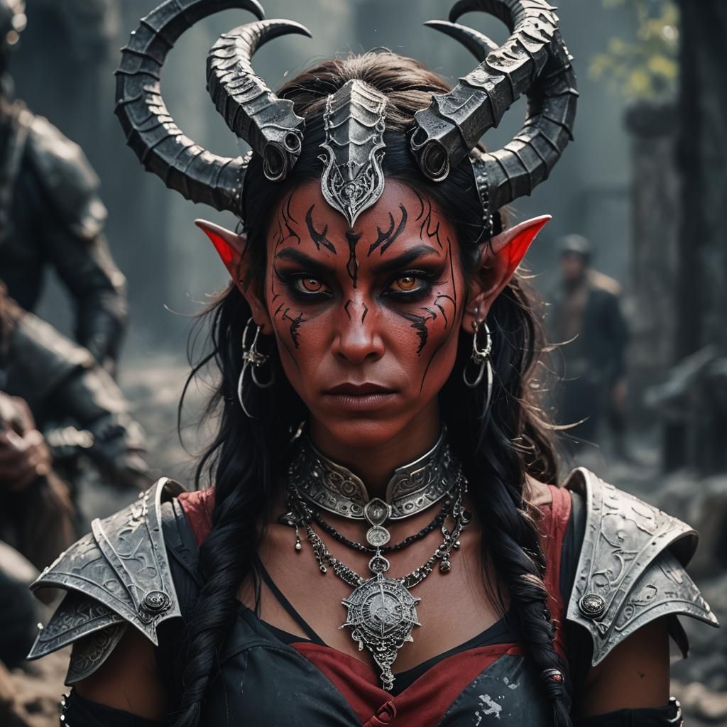 Tiefling Portrait with Silver Jewelry in Cinematic Style