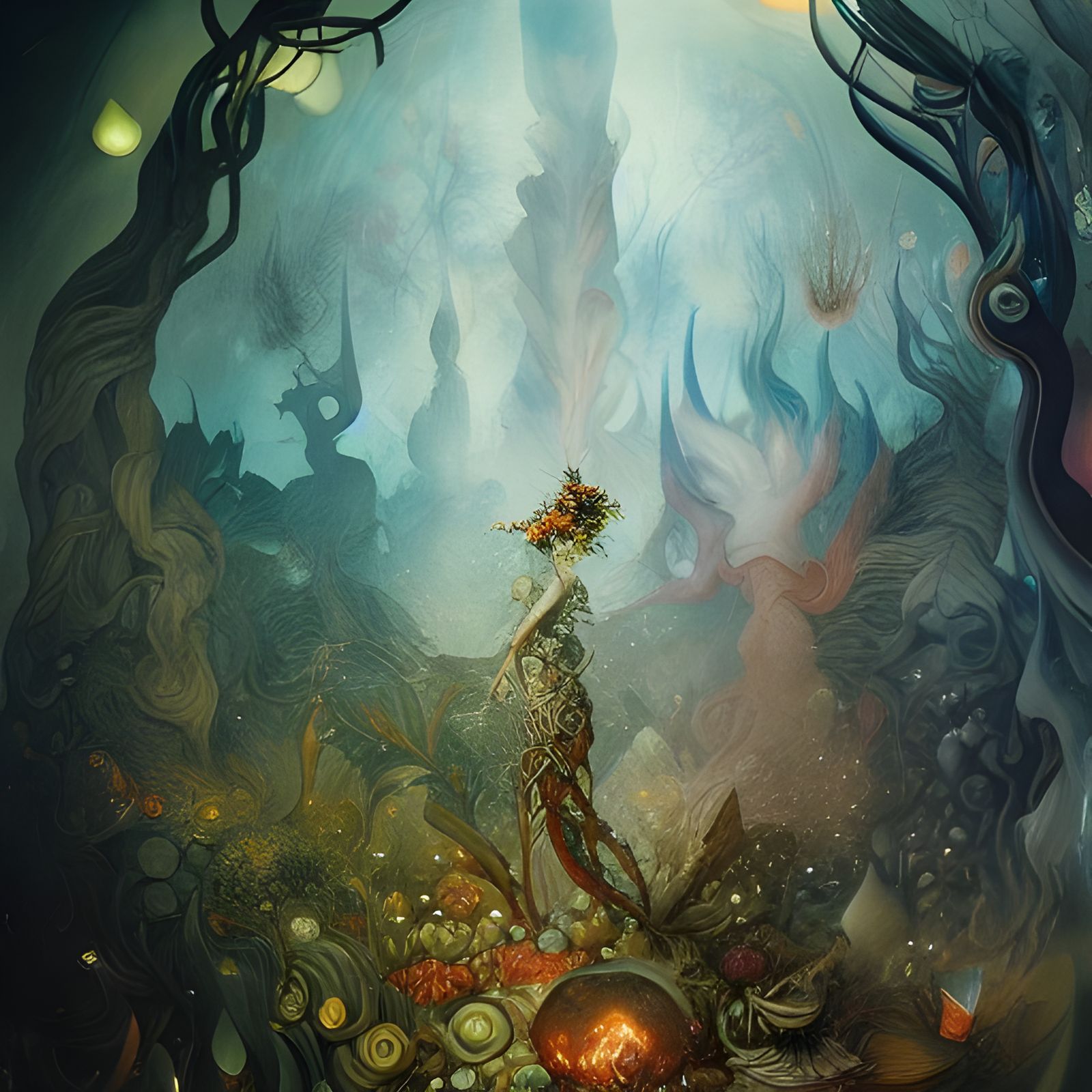 Surreal Garden of Beings with Celestial Rays