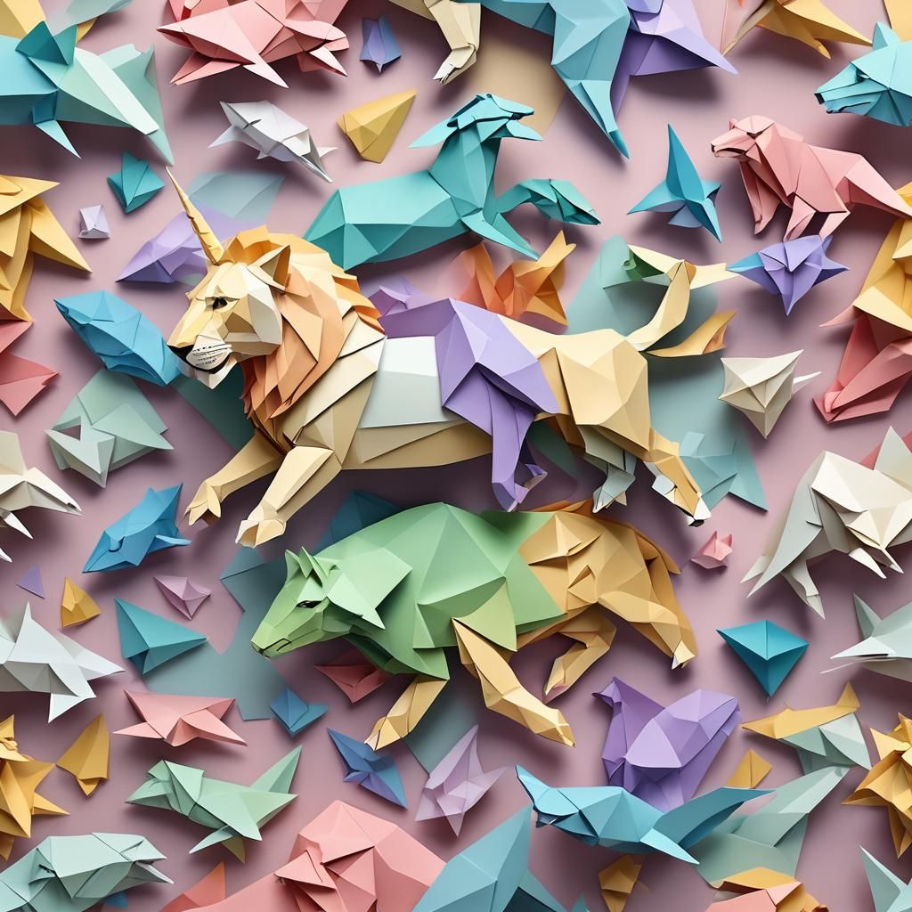 Lion Hunting Unicorn in Origami-Inspired Papercraft