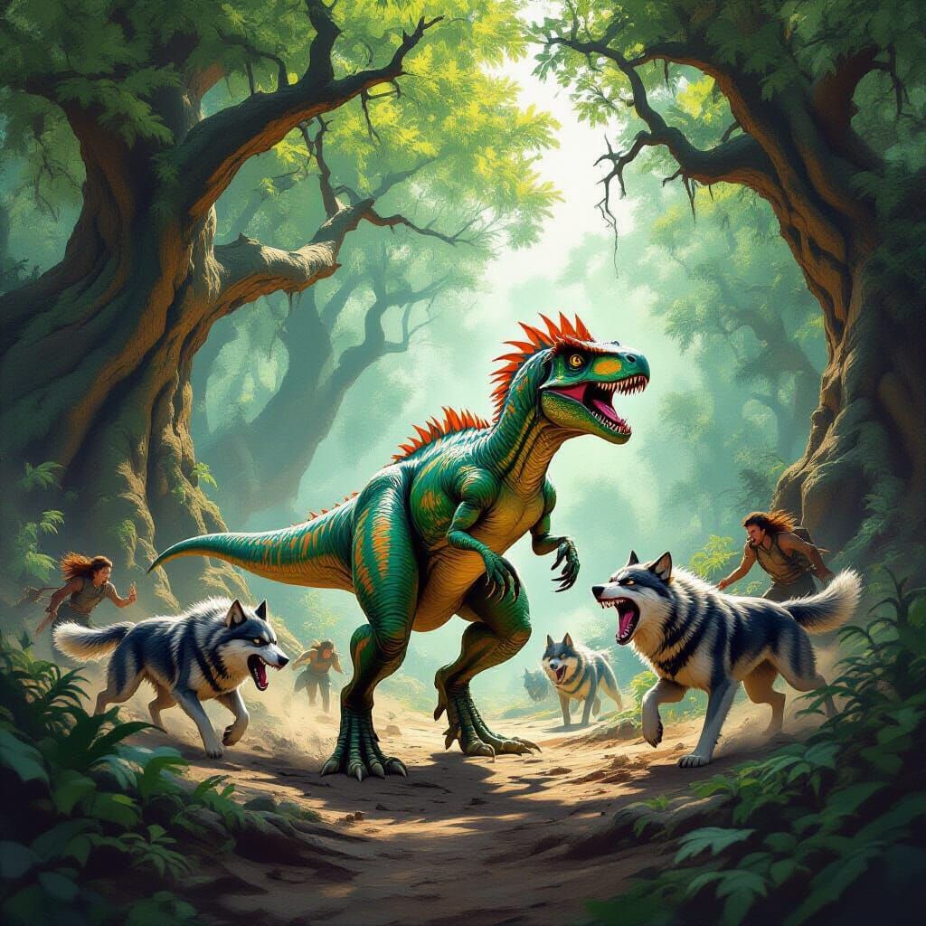 Velociraptor Cornered by Wolves in Ancient Forest