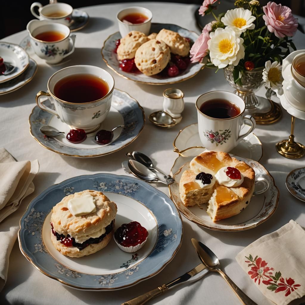 Scone with Cream, Jam and Tea: Cinematic Still