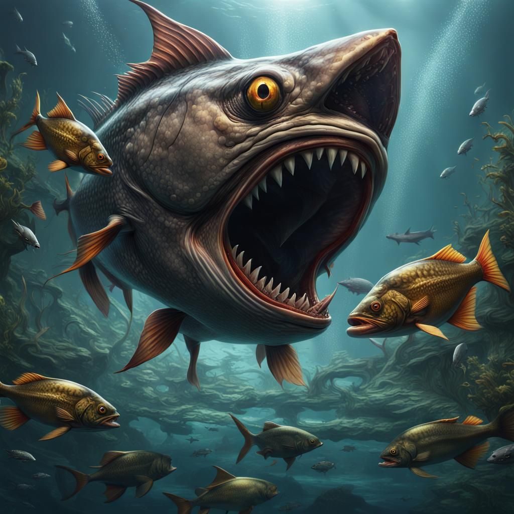 Monster Fish Chased by Piranhas in Fantasy Art