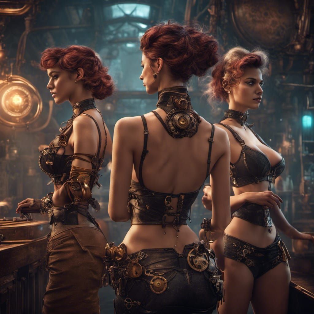 Steampunk Bra Models in Nightclub: Detailed Matte Painting