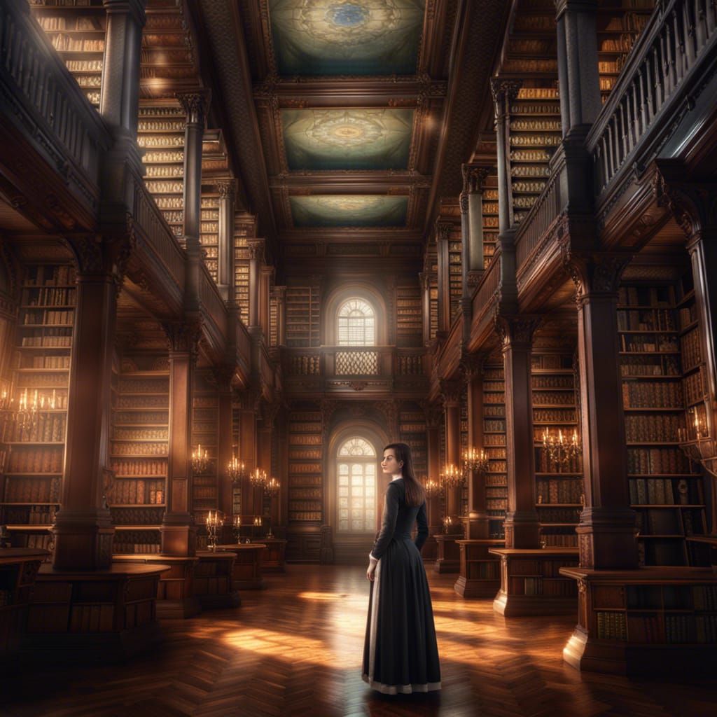 Young Woman in an Intricate 1800s Library