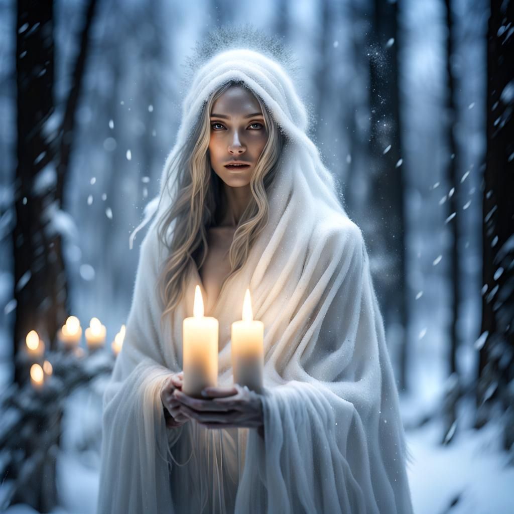 Magical Winter Spirit Portrait in Snowy Forest