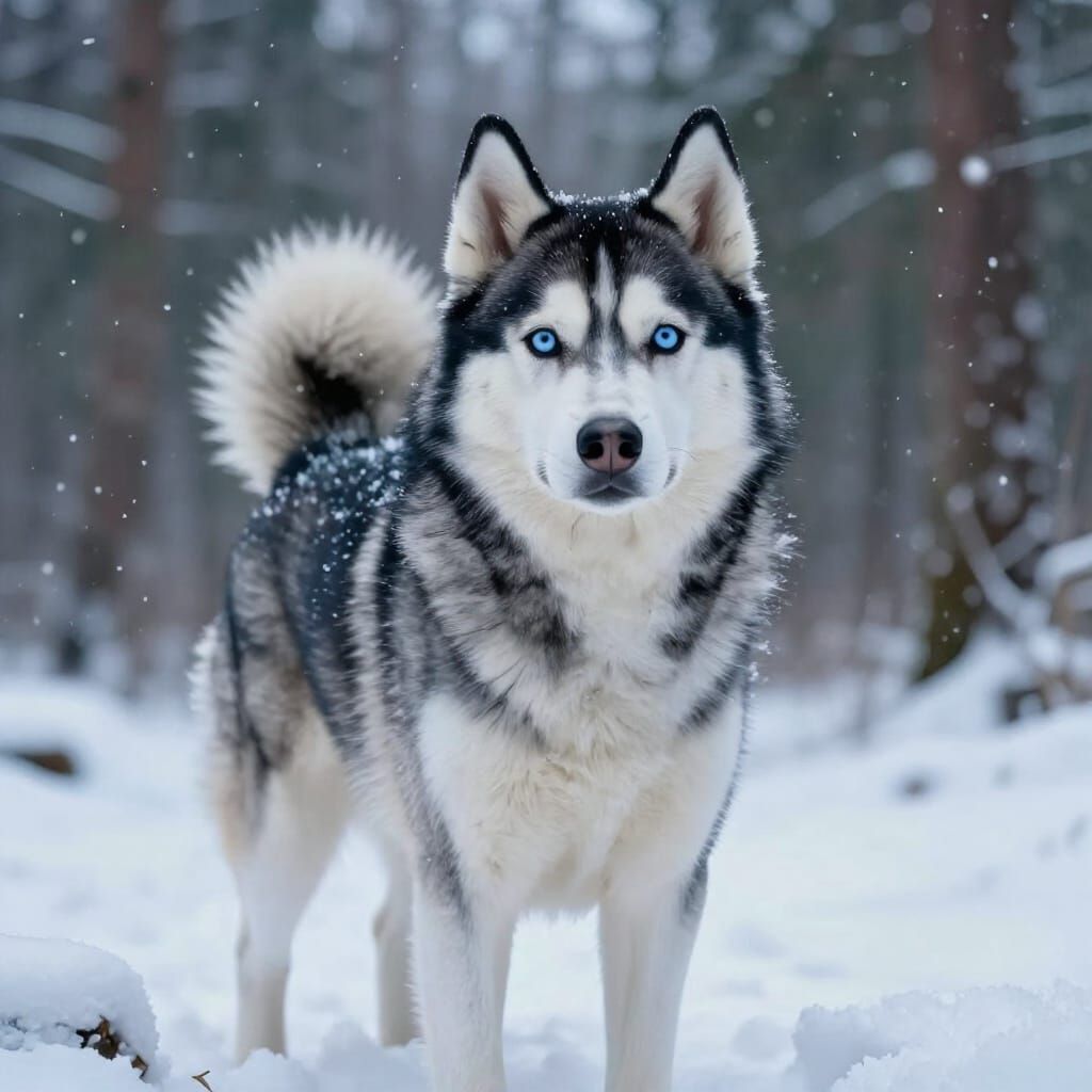 Siberian Husky in Snowy Forest Digital Painting