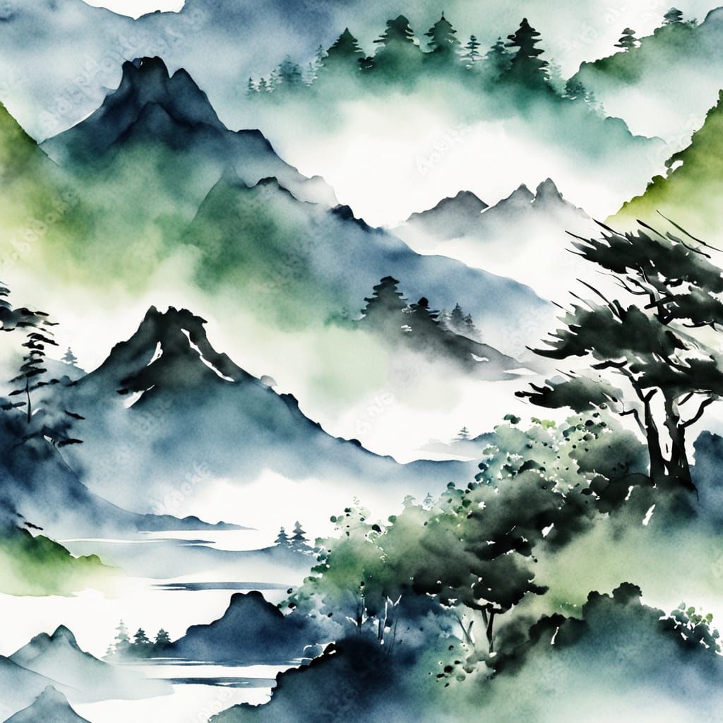 Serene Japanese Landscape in Sumi-e Style
