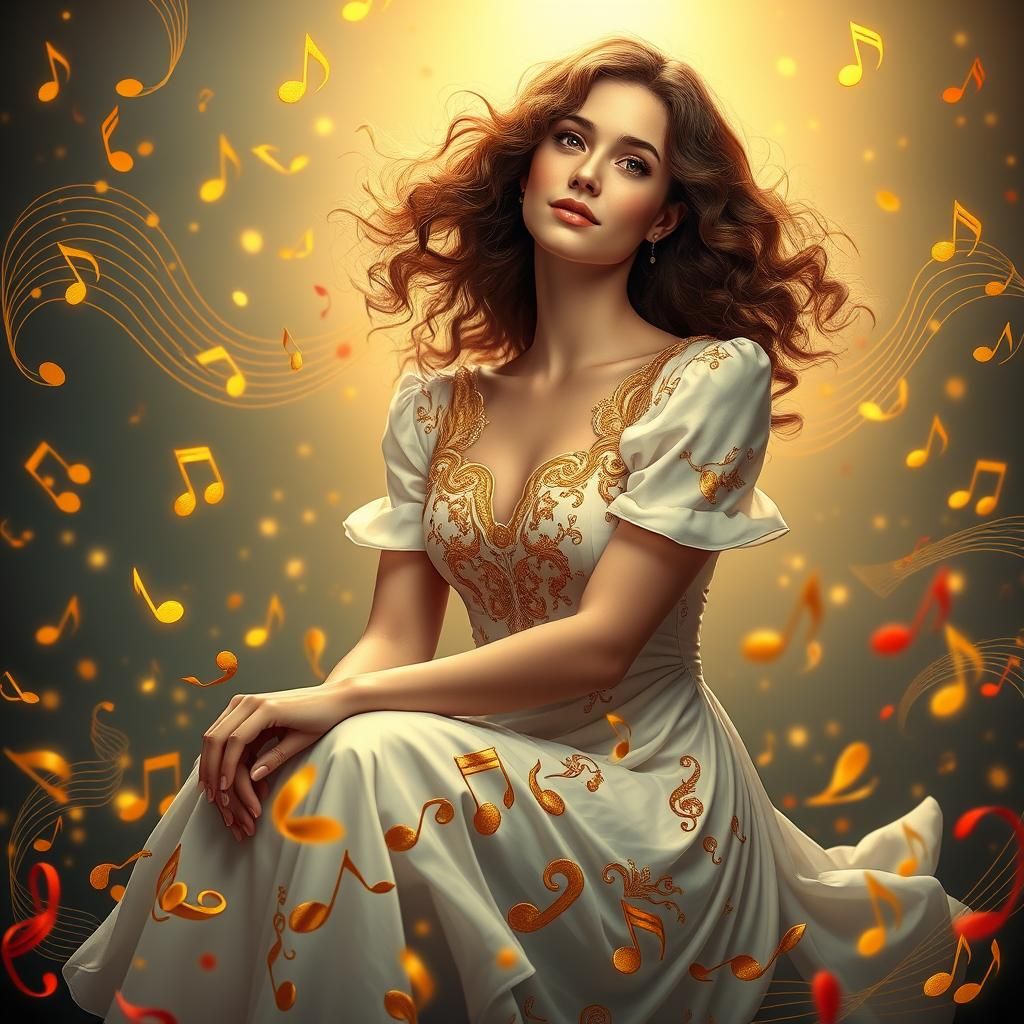 Ethereal Woman Conducting Music Notes, Art Nouveau Style