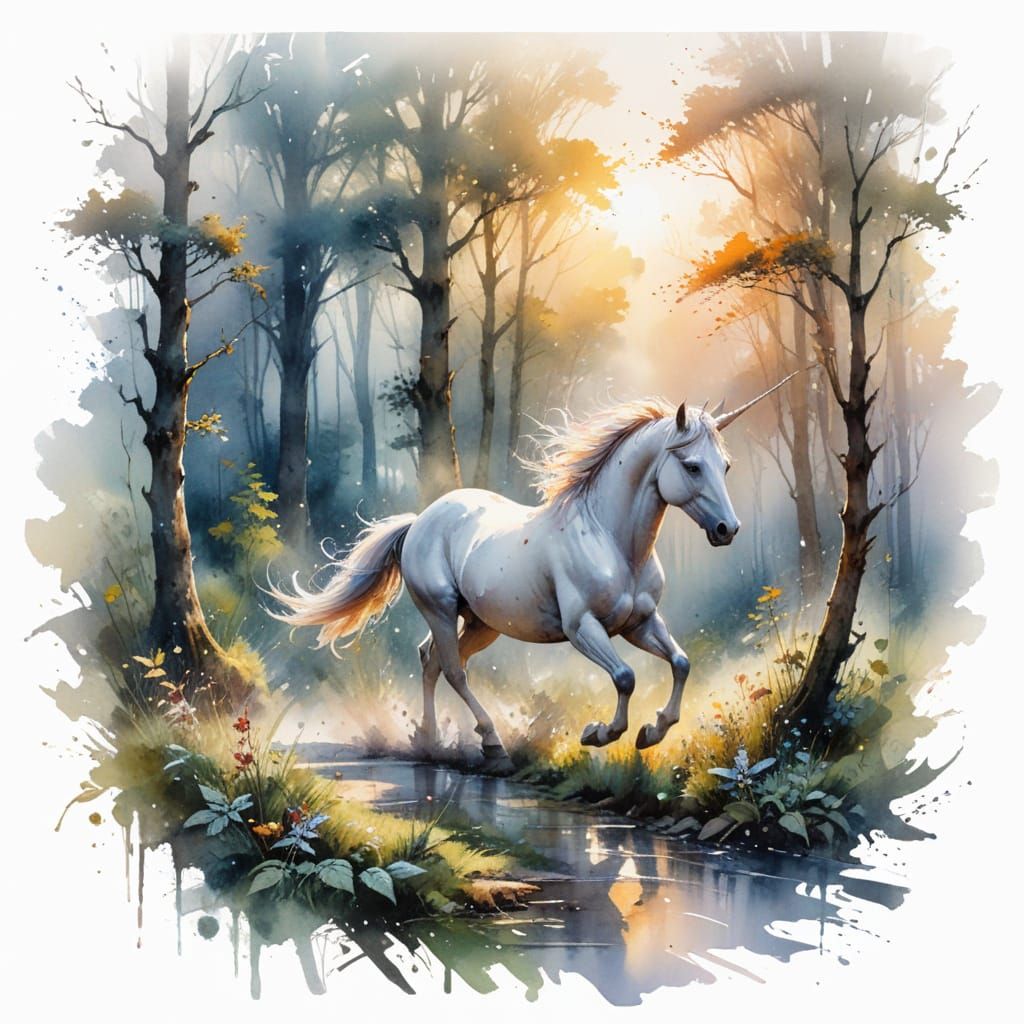 Ethereal Unicorn Gallops Amidst Whispers of the Forest
