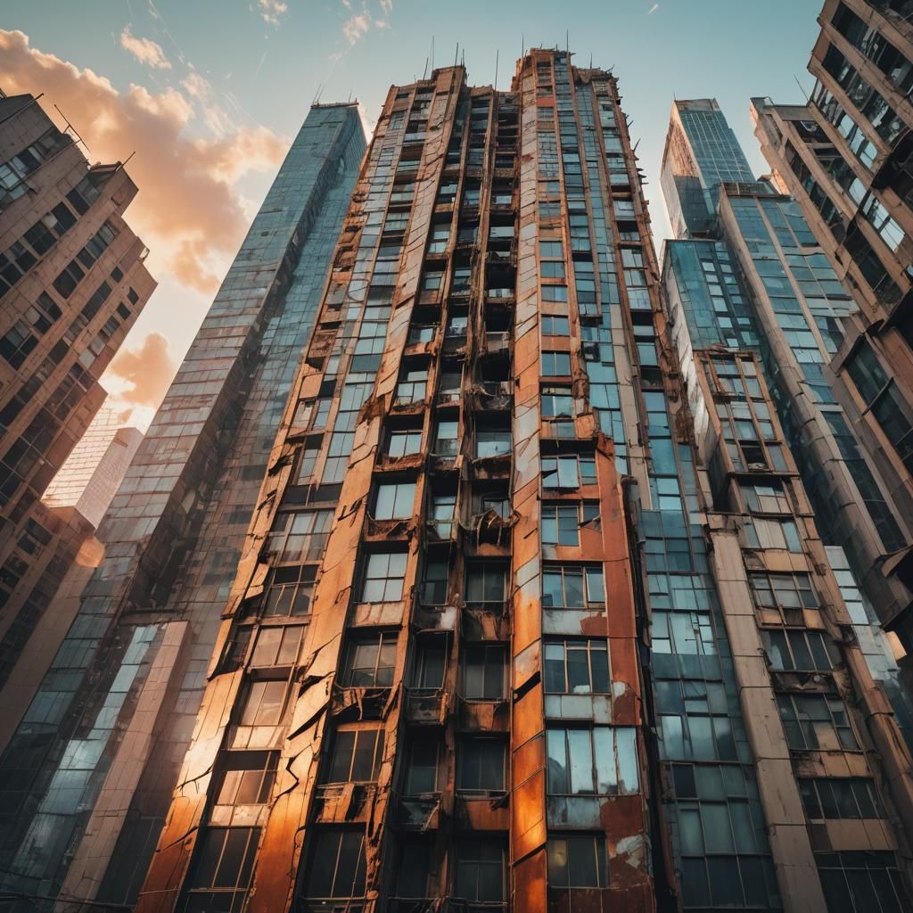 Dystopian Futuristic Cityscape with Decaying Skyscraper