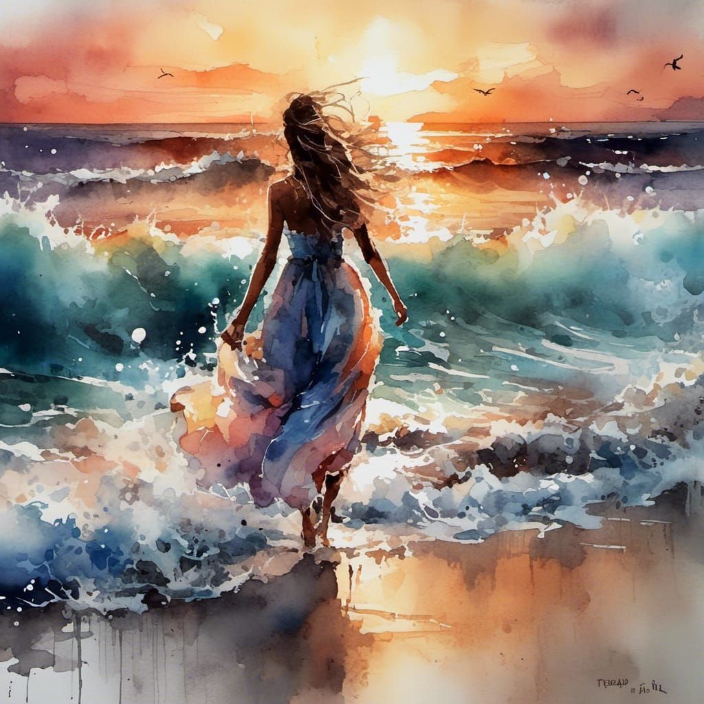 Watercolor Sunset Beach Art with Chibi Style