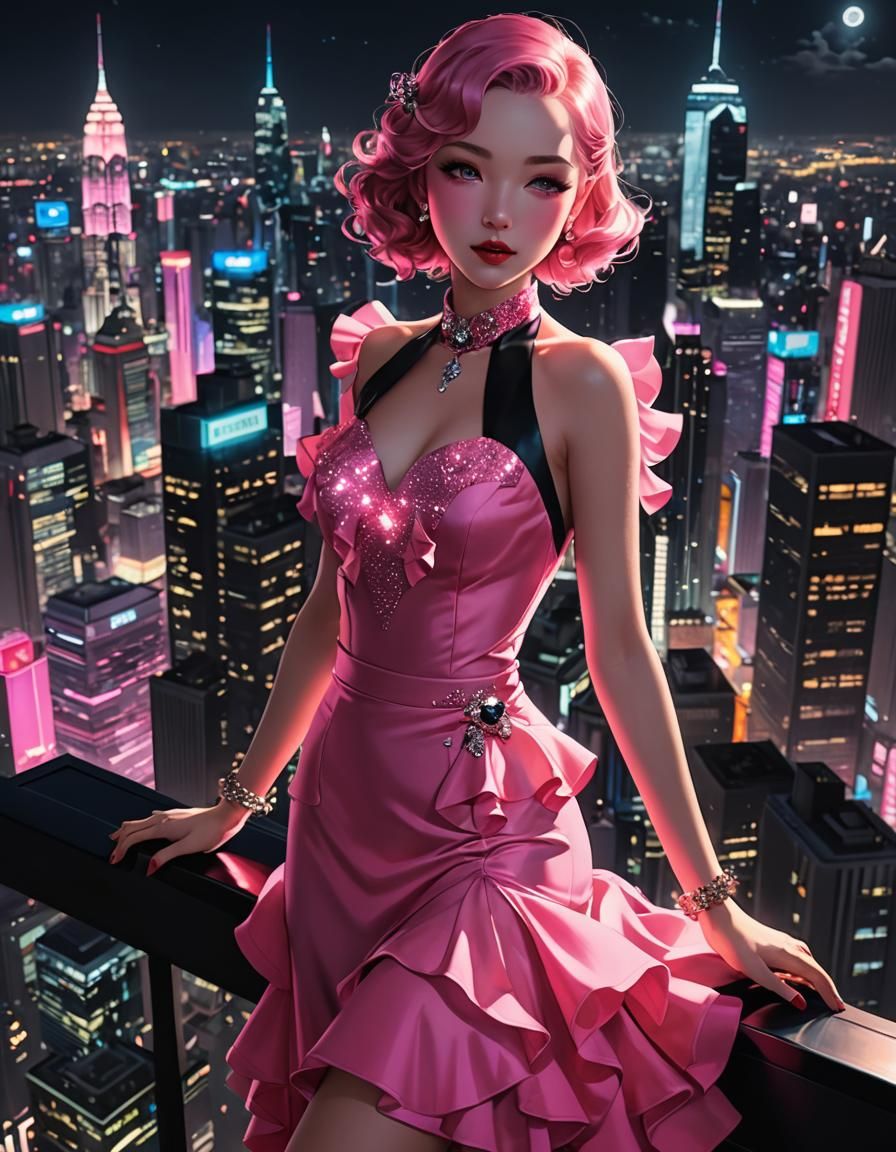 Pink 1930s Suit atop Skyscraper in Anime Style