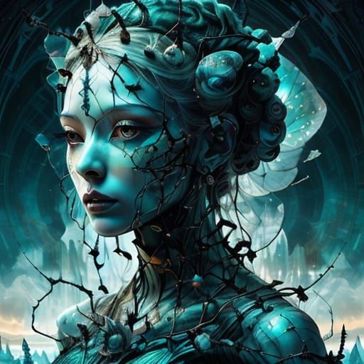 Woman Dissolving into Stardust in Crystalline Desert