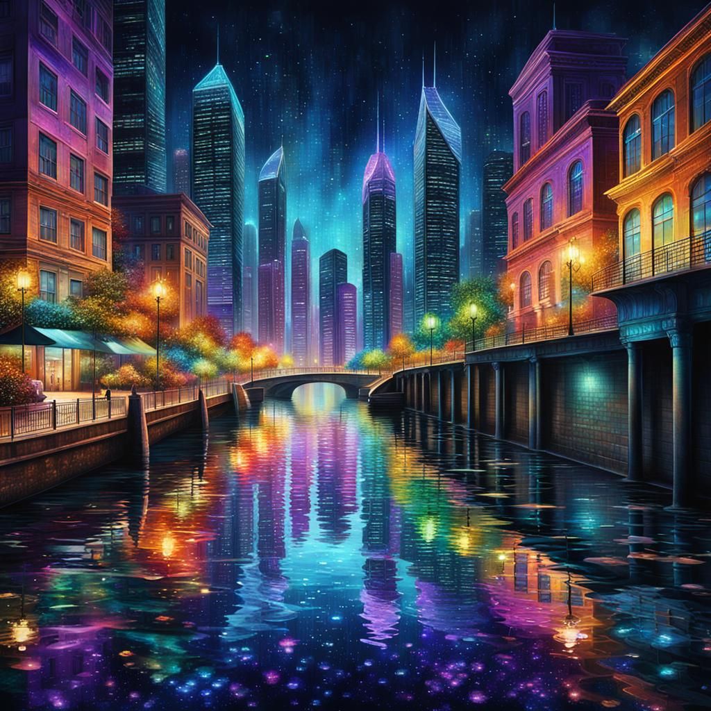 Iridescent Underwater City at Night: A Shimmering Spectacle