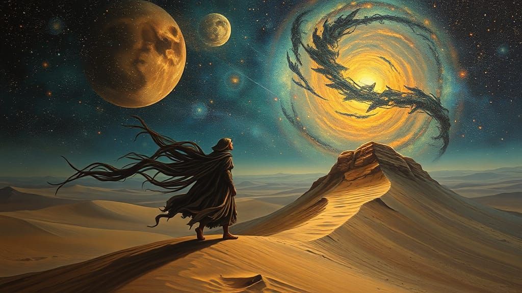 Cosmic Wanderer in Surreal Desert Landscape