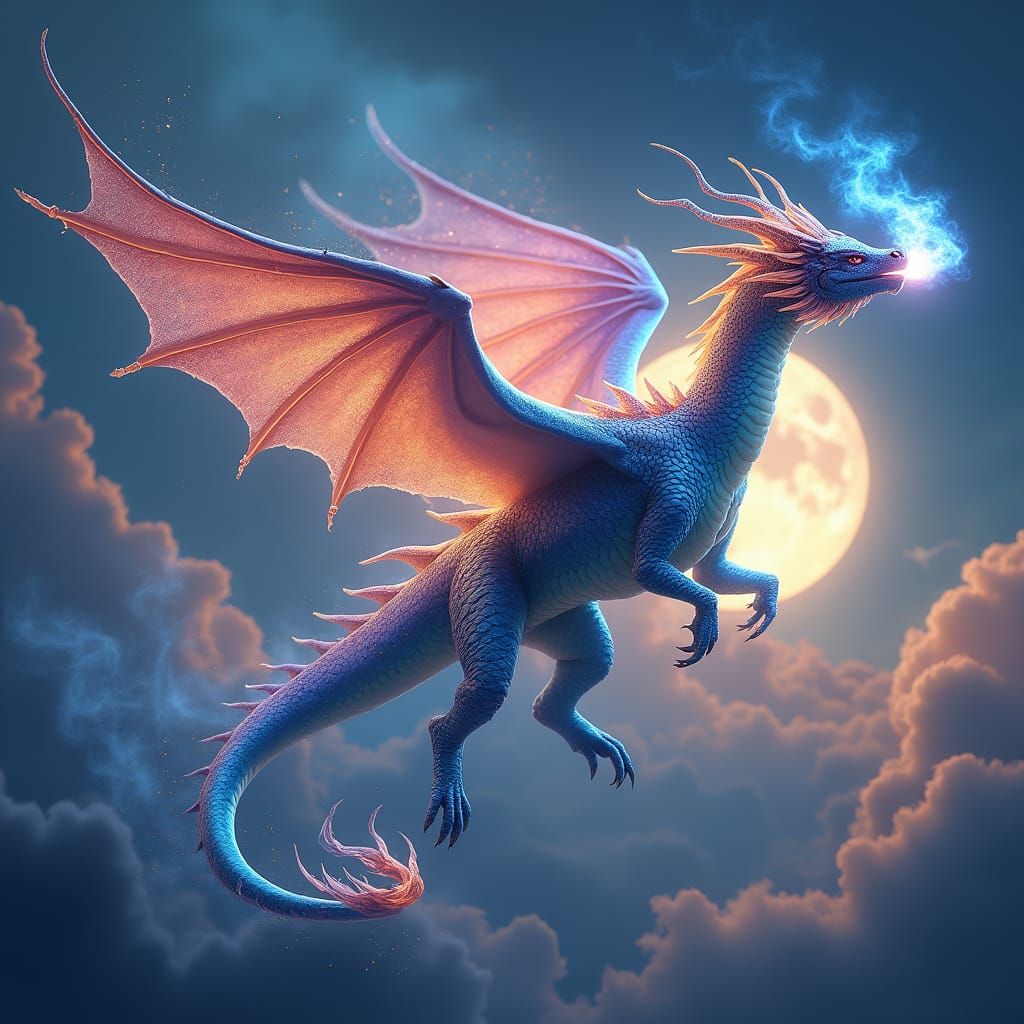 Regal Iridescent Dragon Soars Through Twilight Sky