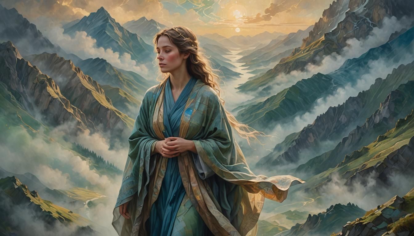 Veiled Woman in Misty Mountains: Ethereal Oil Painting