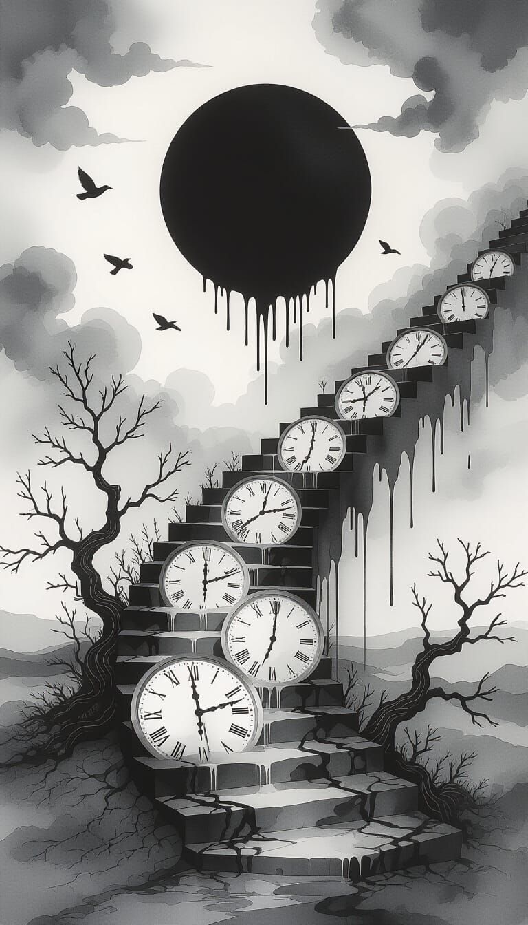 Surreal Monochrome Staircase to Black Sun