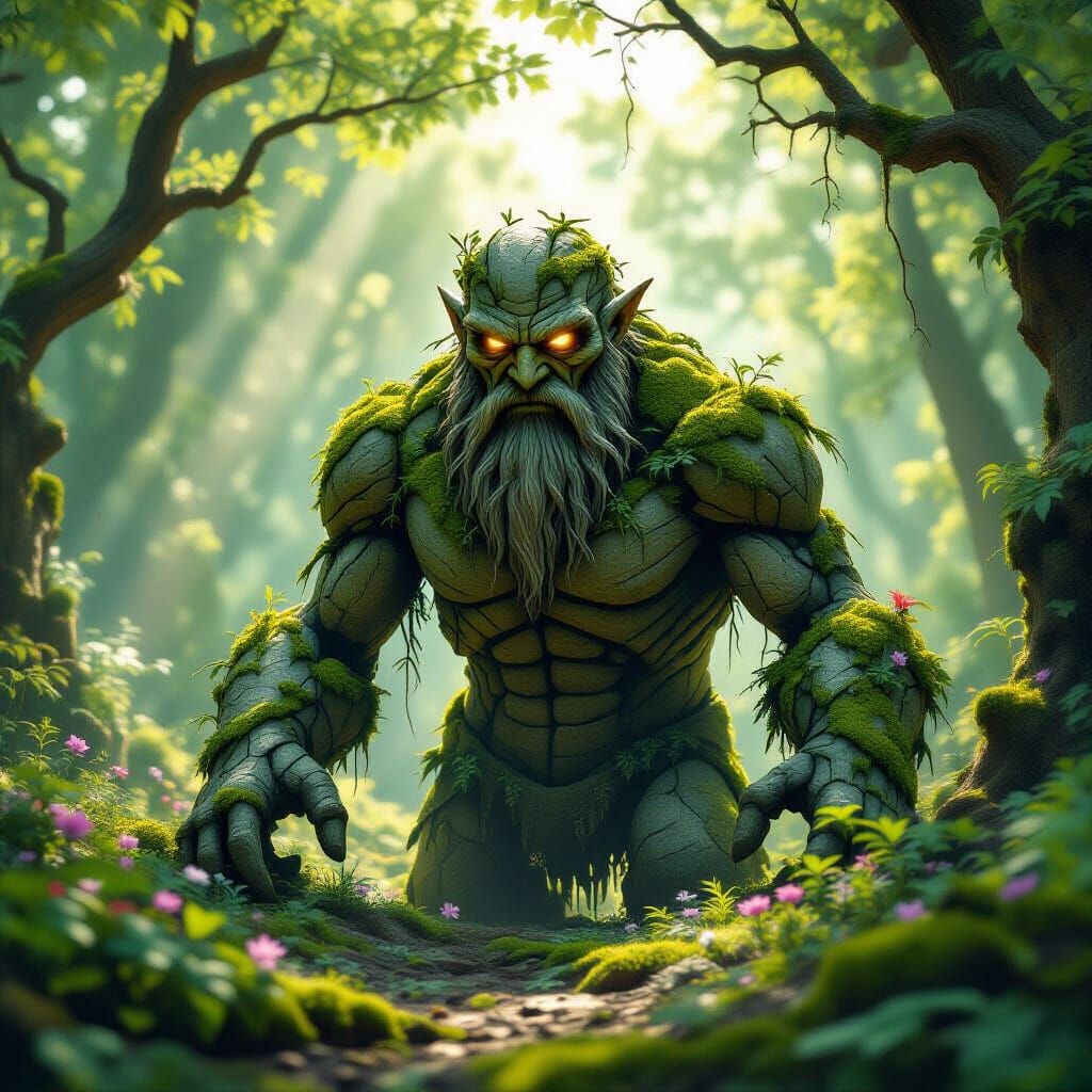 Stone Golem Awakens in Enchanted Forest