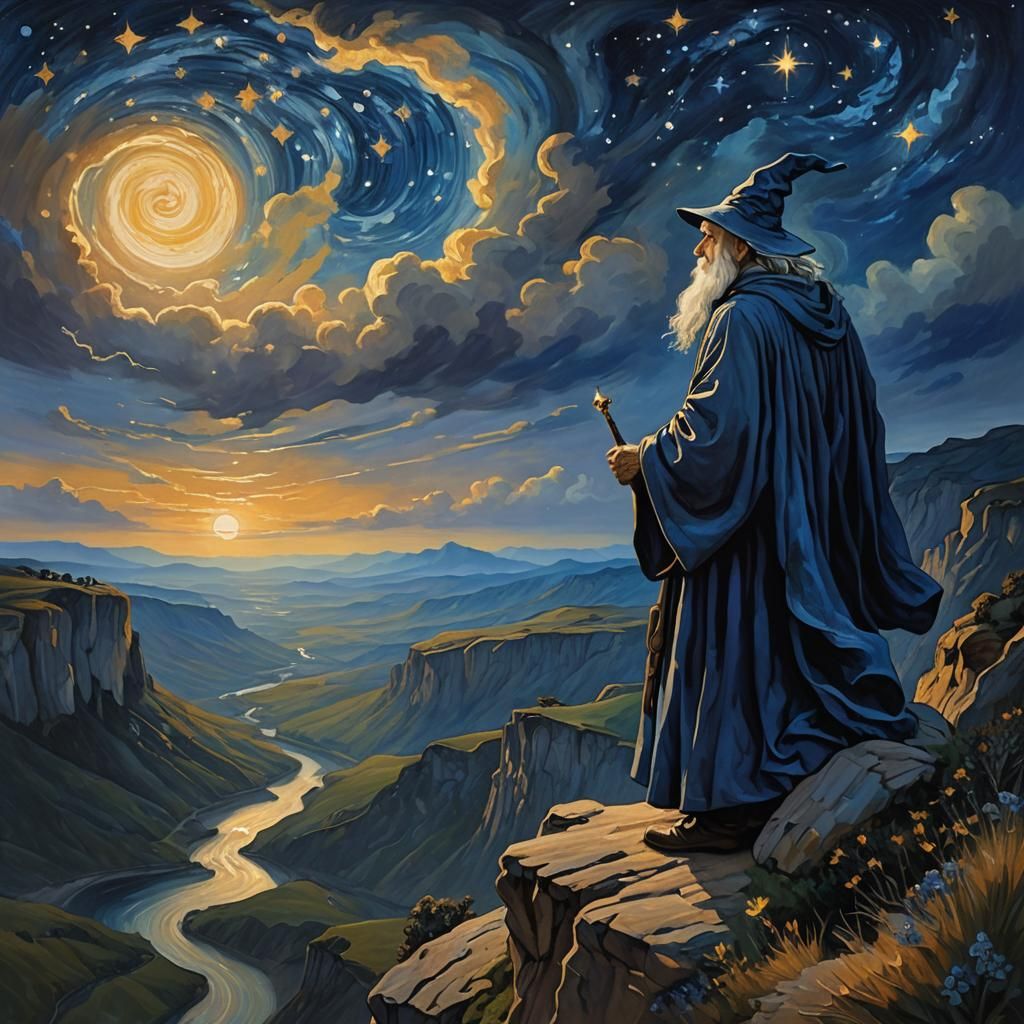 Wise Wizard Overlooking Starry Landscape as Impressionist Pa...
