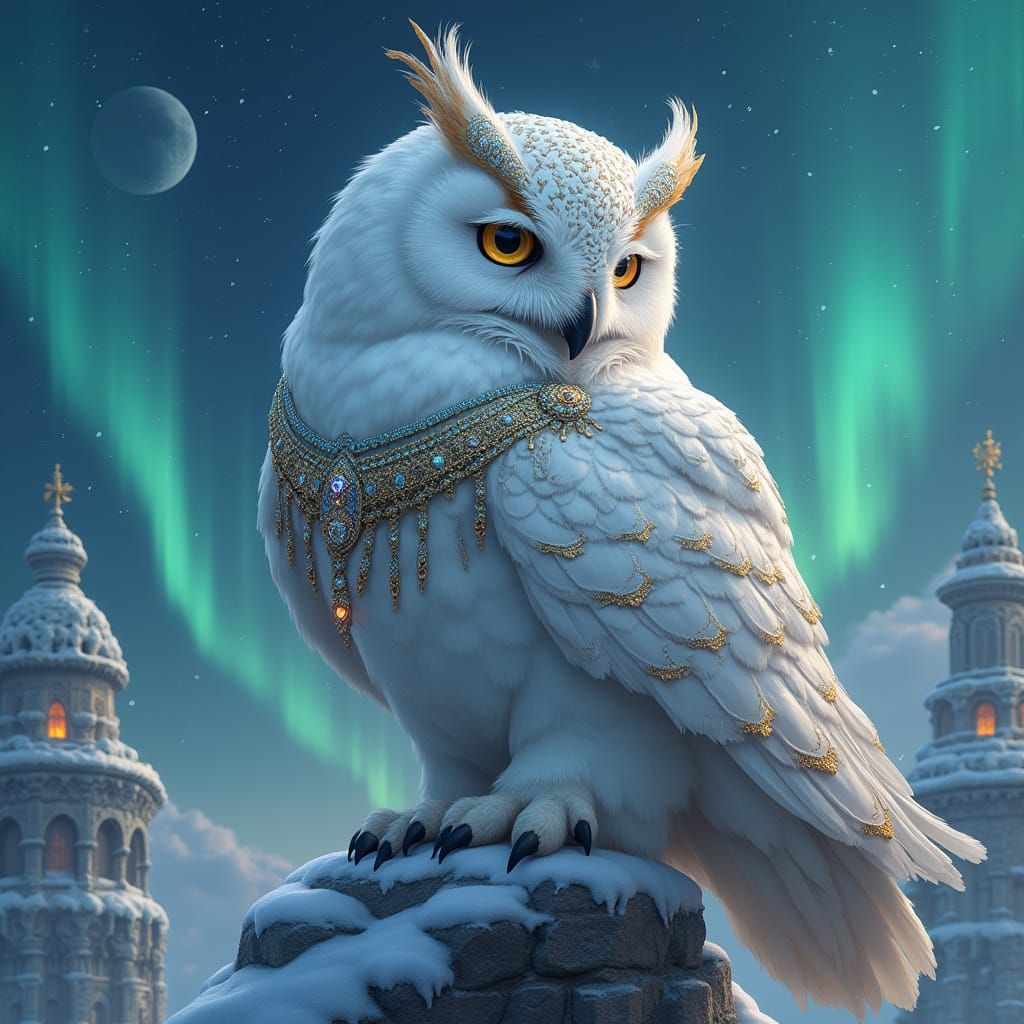 Snow Owl Adorned with Tribal Art Nouveau Details