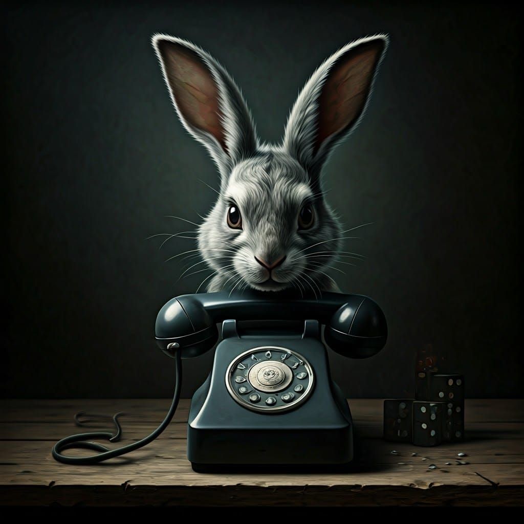 Surreal Rabbit with Broken Telephone, Expressionist Painting