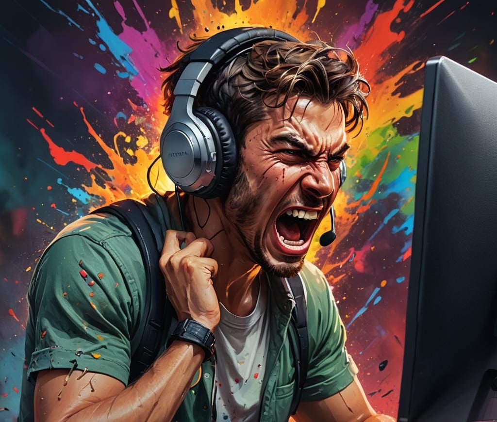 Man Shouting at Computer in Hyperrealistic Splash Art