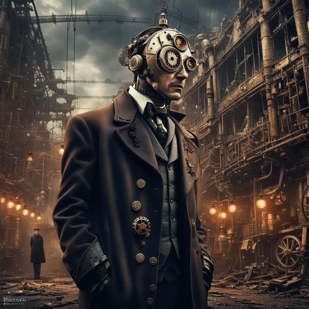 Sad Clockwork Man in Decayed Steampunk City