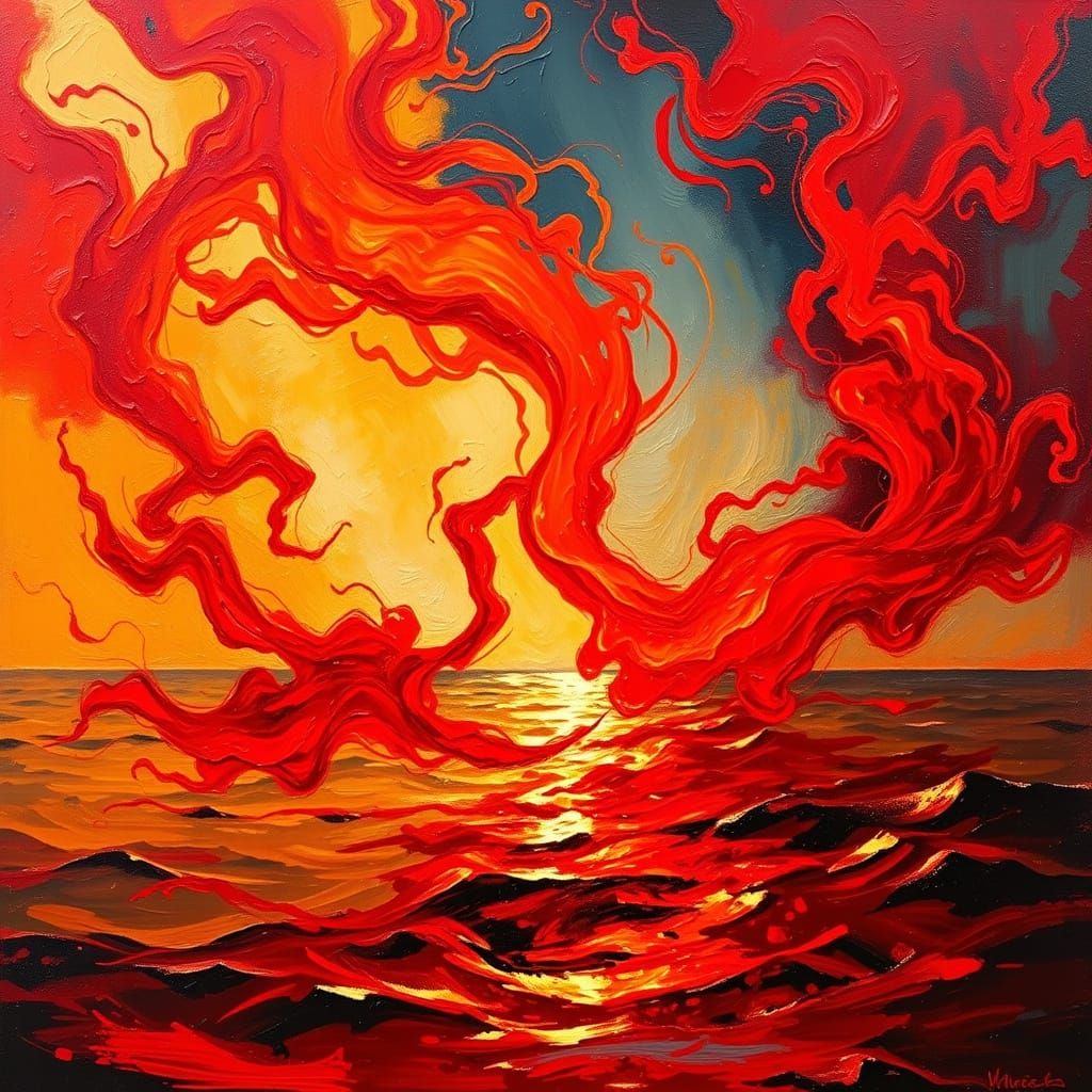 Fiery Sky and Water in Neo-Impressionist Style