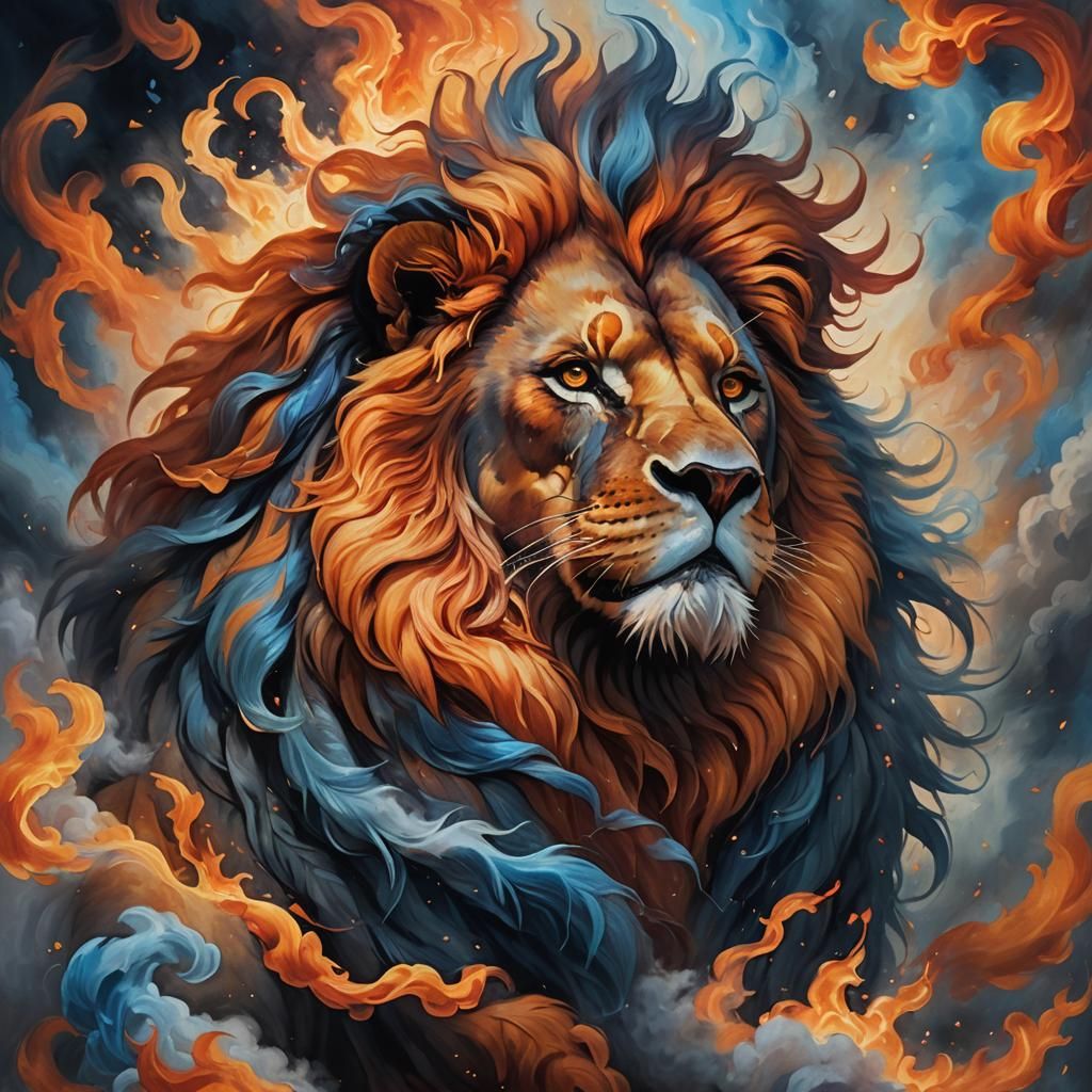 Majestic Fire Lion in Swirling Smoke: Oil Painting