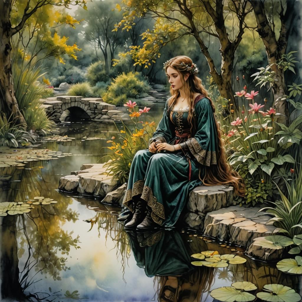 Girl Fishing in Fairytale Garden: Watercolor Sketch