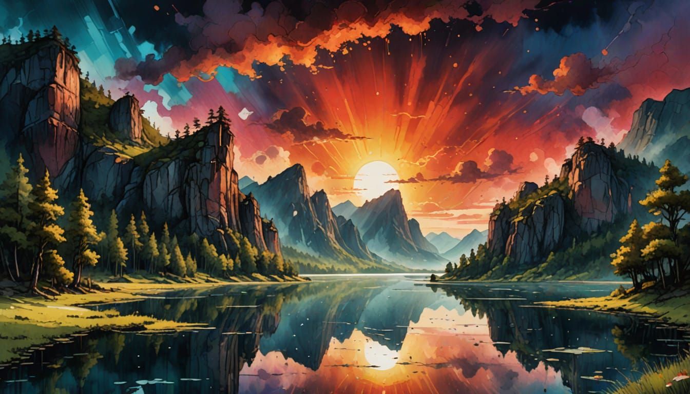 Vibrant Lake Landscape in Orange Dusk