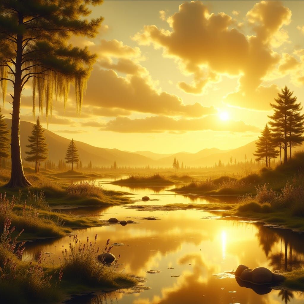 Serene Golden Hour Fantasy Landscape in Photorealistic Style