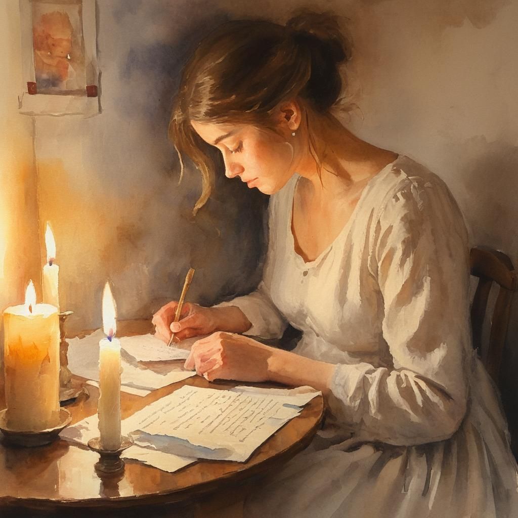 Melancholic Figure Surrounded by Memories: Watercolor Painti...