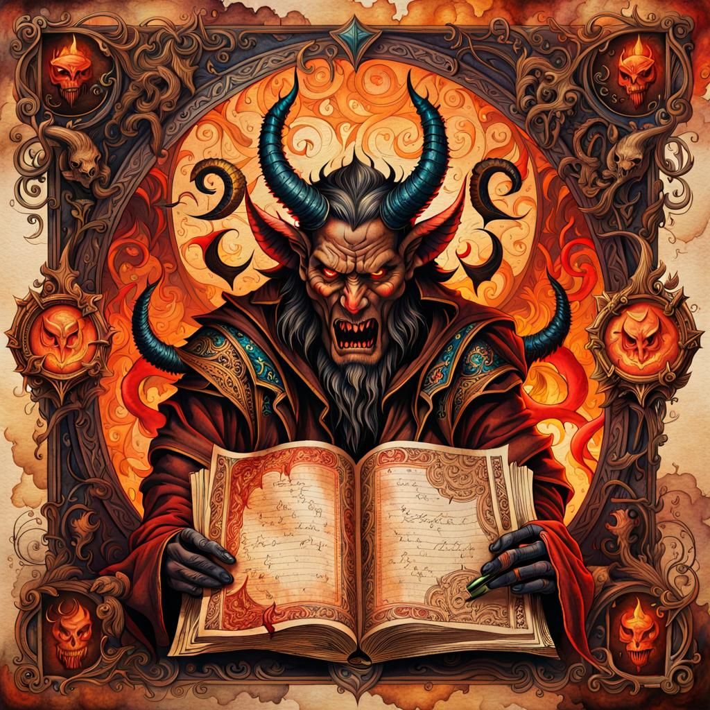 Ornate Devil's Contract in Bleeding Watercolor Art
