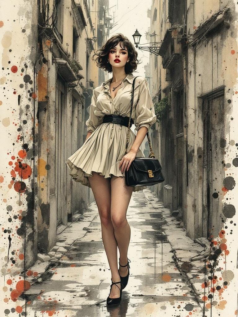 Elegant Pin-Up in Yoshitaka Amano and Ralph Steadman Style