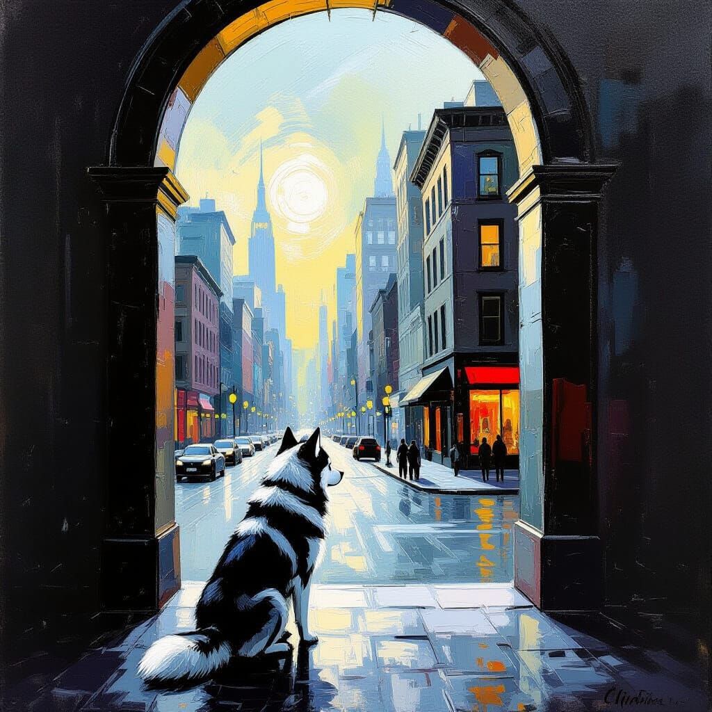 Husky Dog at Surreal Doorway in Painterly Style
