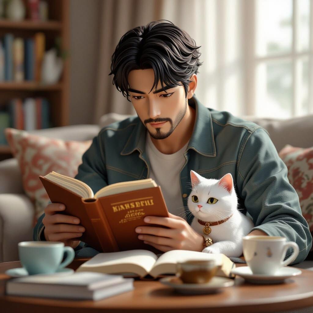 Man Reading with Cat in 3D Anime Style
