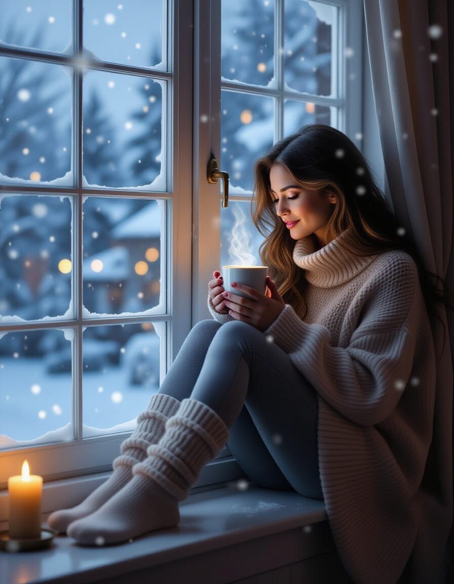 Woman Watching Snowfall with Hot Cocoa