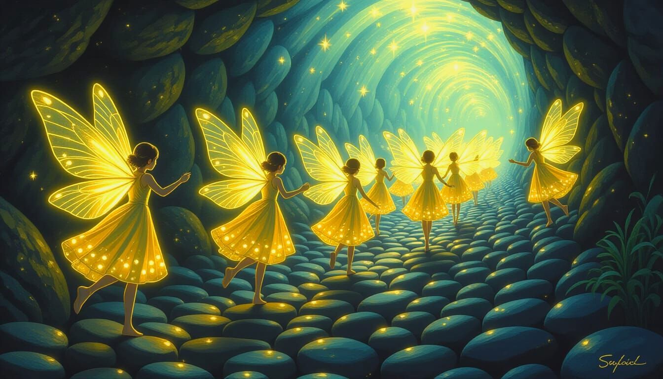 Bioluminescent Fairies in a Tunnel as Impasto Painting