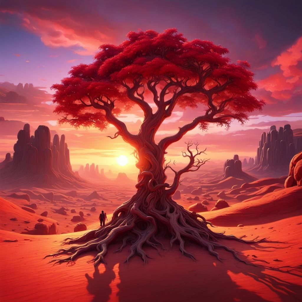 two little earthling in a red desert tree looking at the most beautiful and colerful sunset in their life