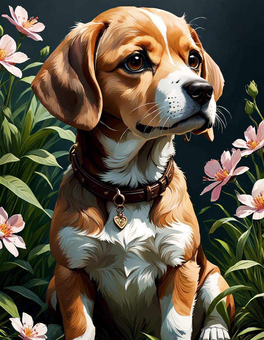 Cute Ash Brown Beagle Lab Mix in Vibrant Floral Spring Attir...
